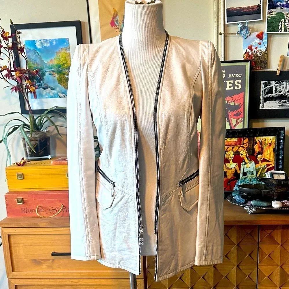 Dawn Levy Cream Pearl Designer Leather Jacket with Black Accents